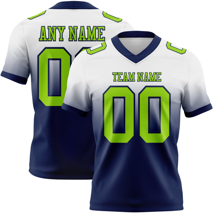 Custom White Neon Green-Navy Authentic Fade Fashion Football Jersey