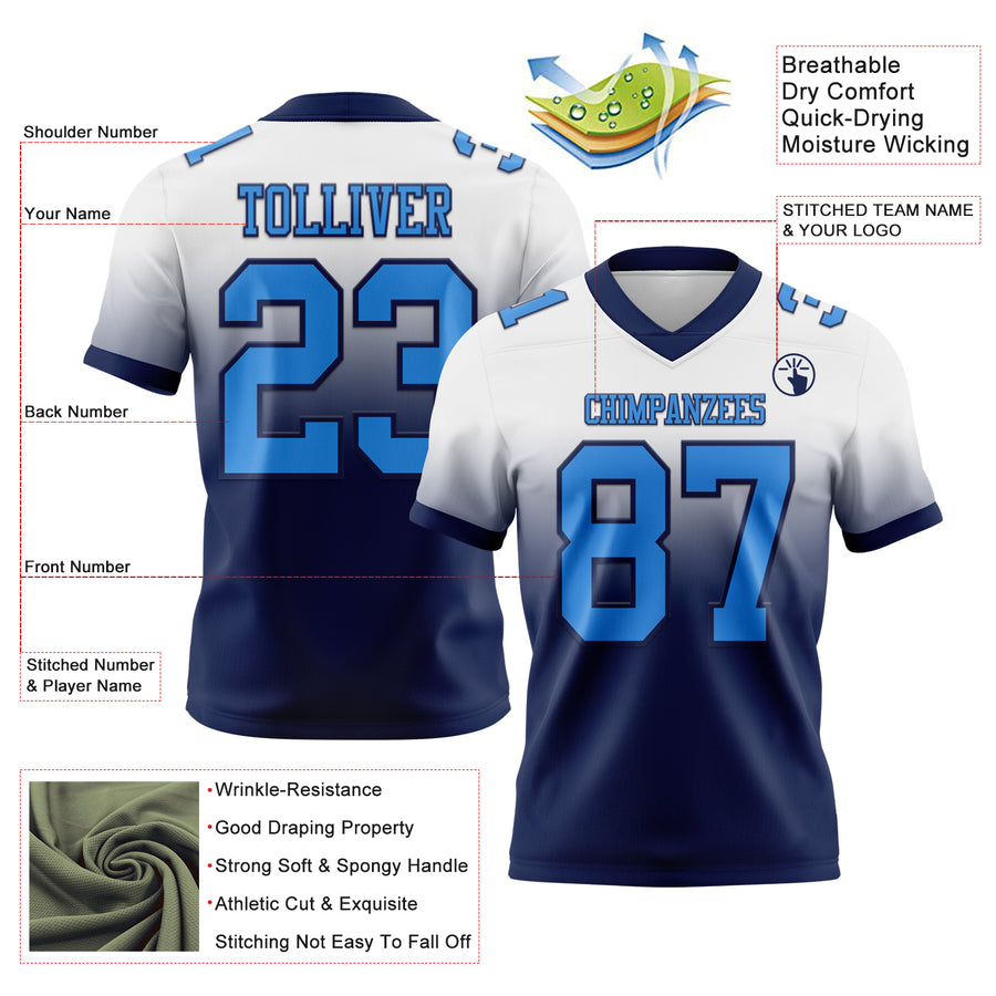 Custom White Powder Blue-Navy Authentic Fade Fashion Football Jersey