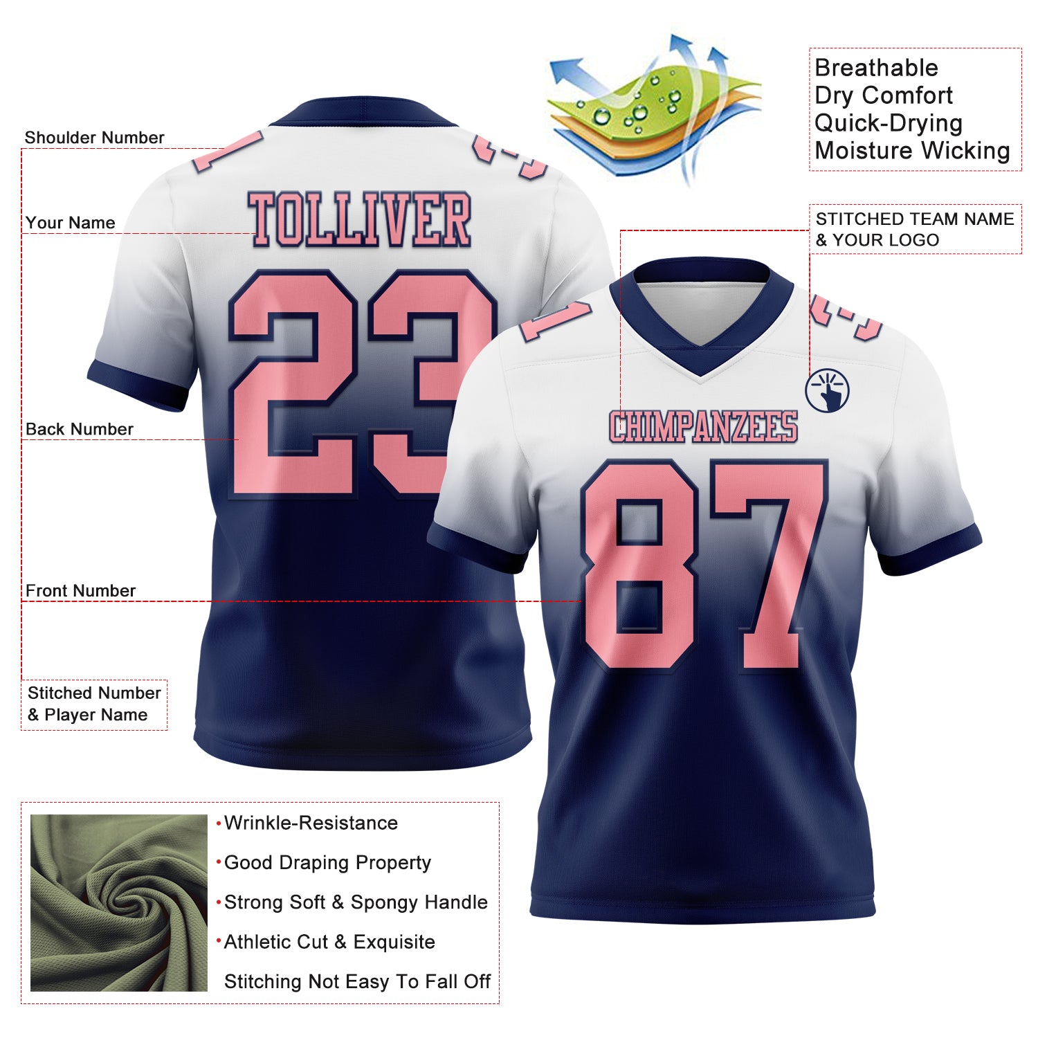 Custom White Medium Pink-Navy Authentic Fade Fashion Football Jersey