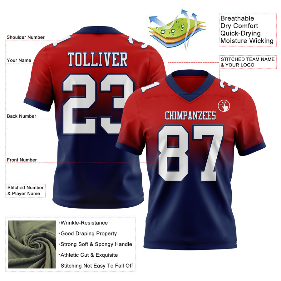 Custom Red White-Navy Authentic Fade Fashion Football Jersey