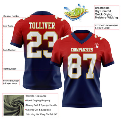 Custom Red White Navy-Old Gold Authentic Fade Fashion Football Jersey