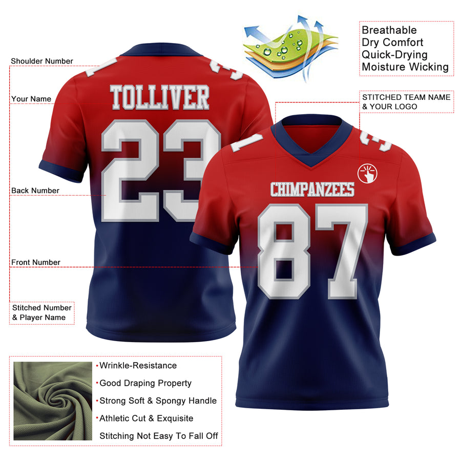 Custom Red White Navy-Gray Authentic Fade Fashion Football Jersey