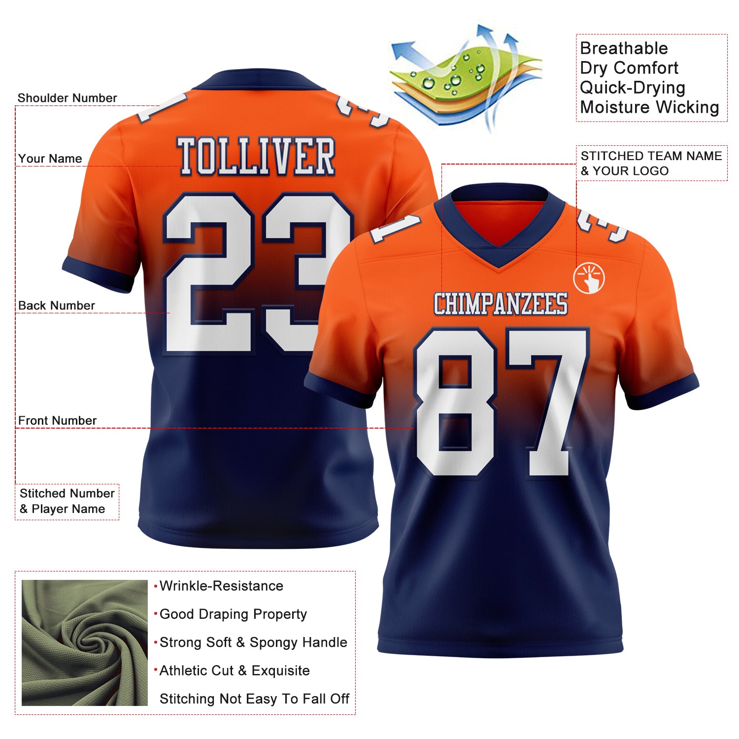 Custom Orange White-Navy Authentic Fade Fashion Football Jersey