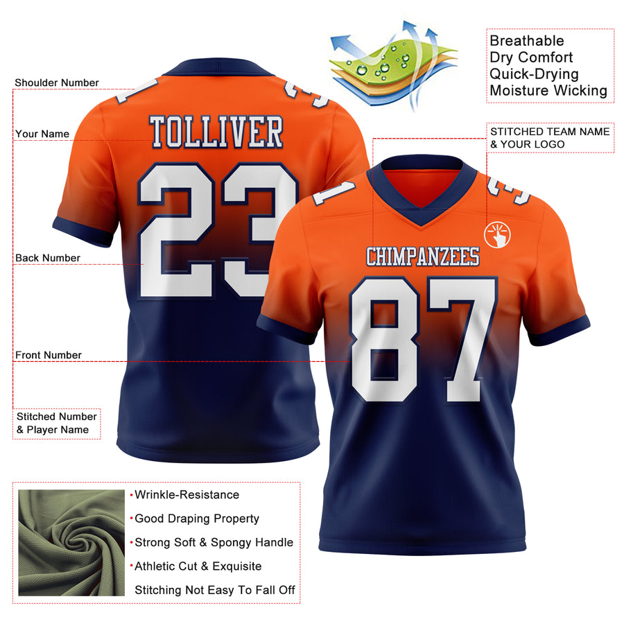 Custom Orange White-Navy Authentic Fade Fashion Football Jersey