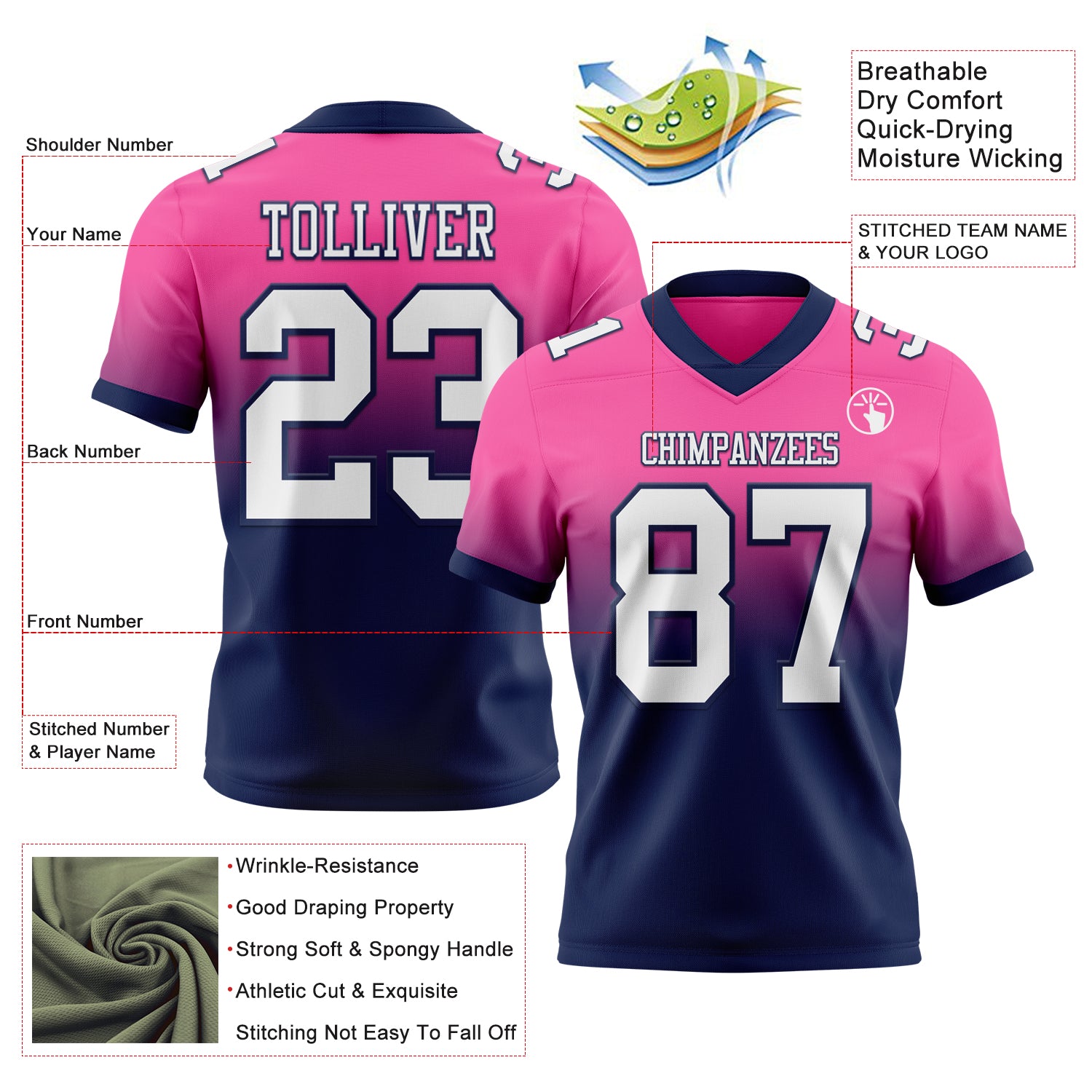 Custom Pink White-Navy Authentic Fade Fashion Football Jersey