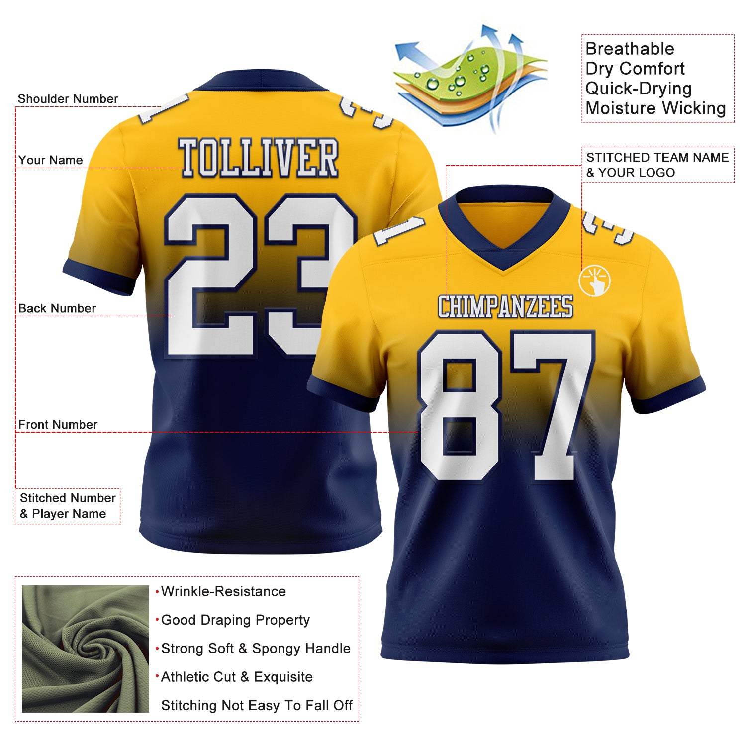 Custom Gold White-Navy Authentic Fade Fashion Football Jersey