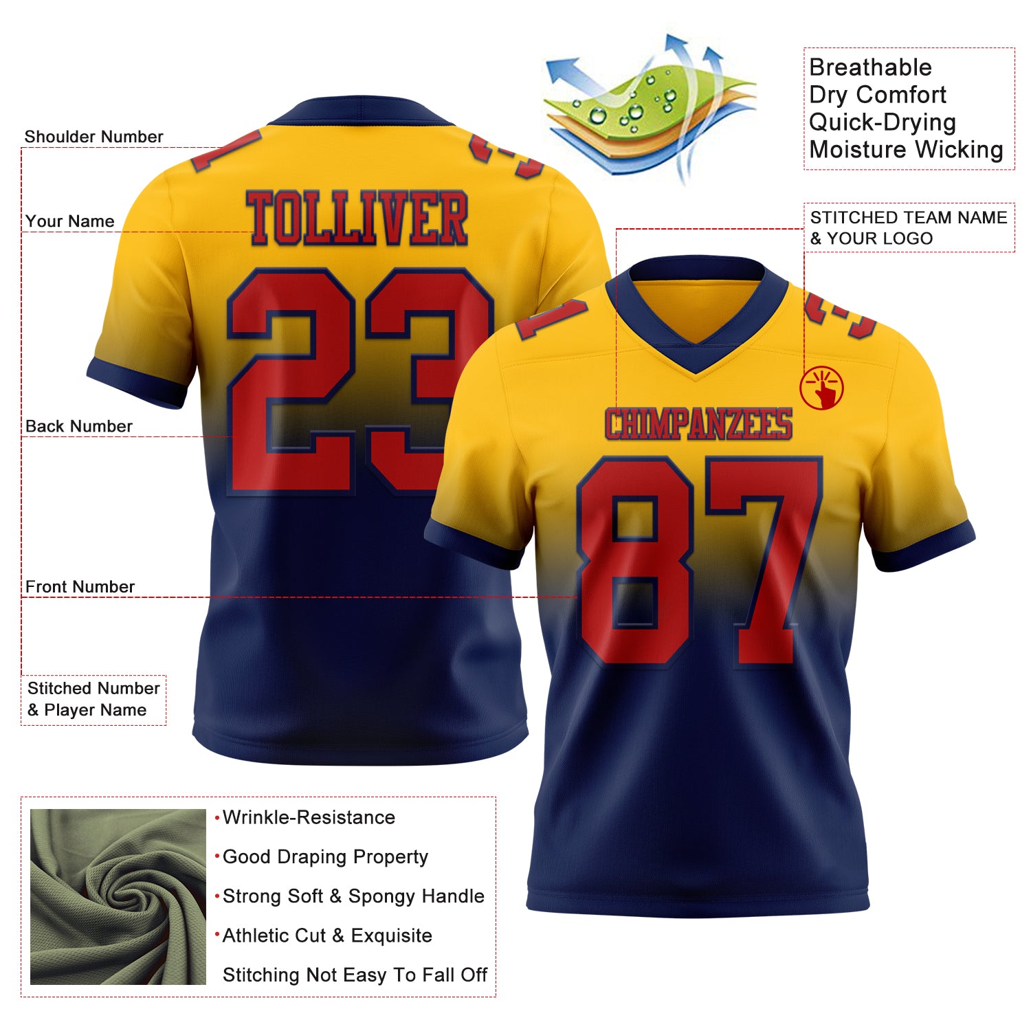 Custom Gold Red-Navy Authentic Fade Fashion Football Jersey
