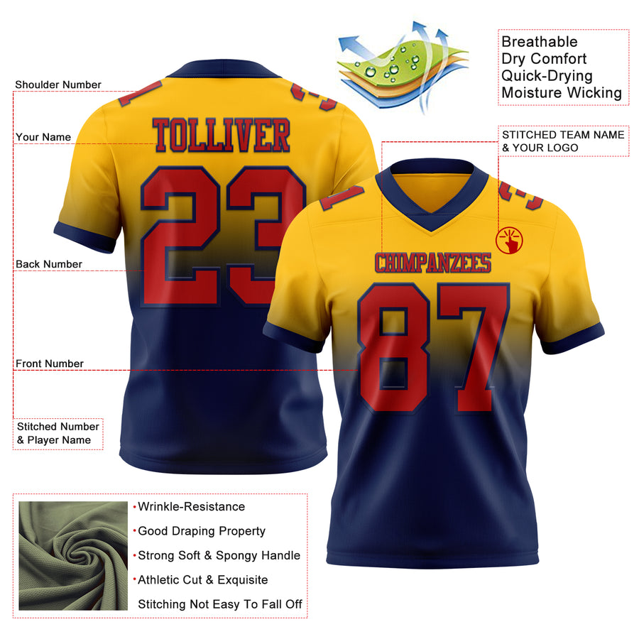 Custom Gold Red-Navy Authentic Fade Fashion Football Jersey