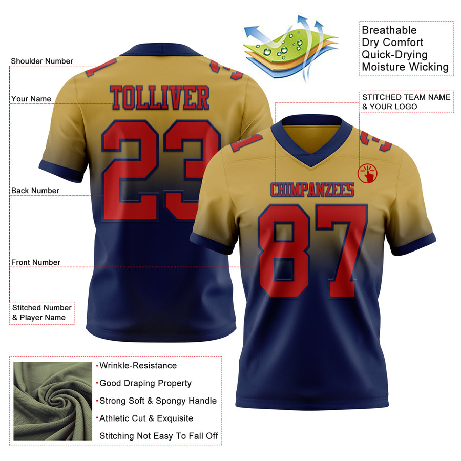 Custom Old Gold Red-Navy Authentic Fade Fashion Football Jersey