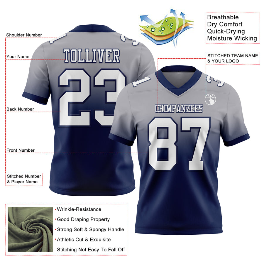 Custom Gray White-Navy Authentic Fade Fashion Football Jersey