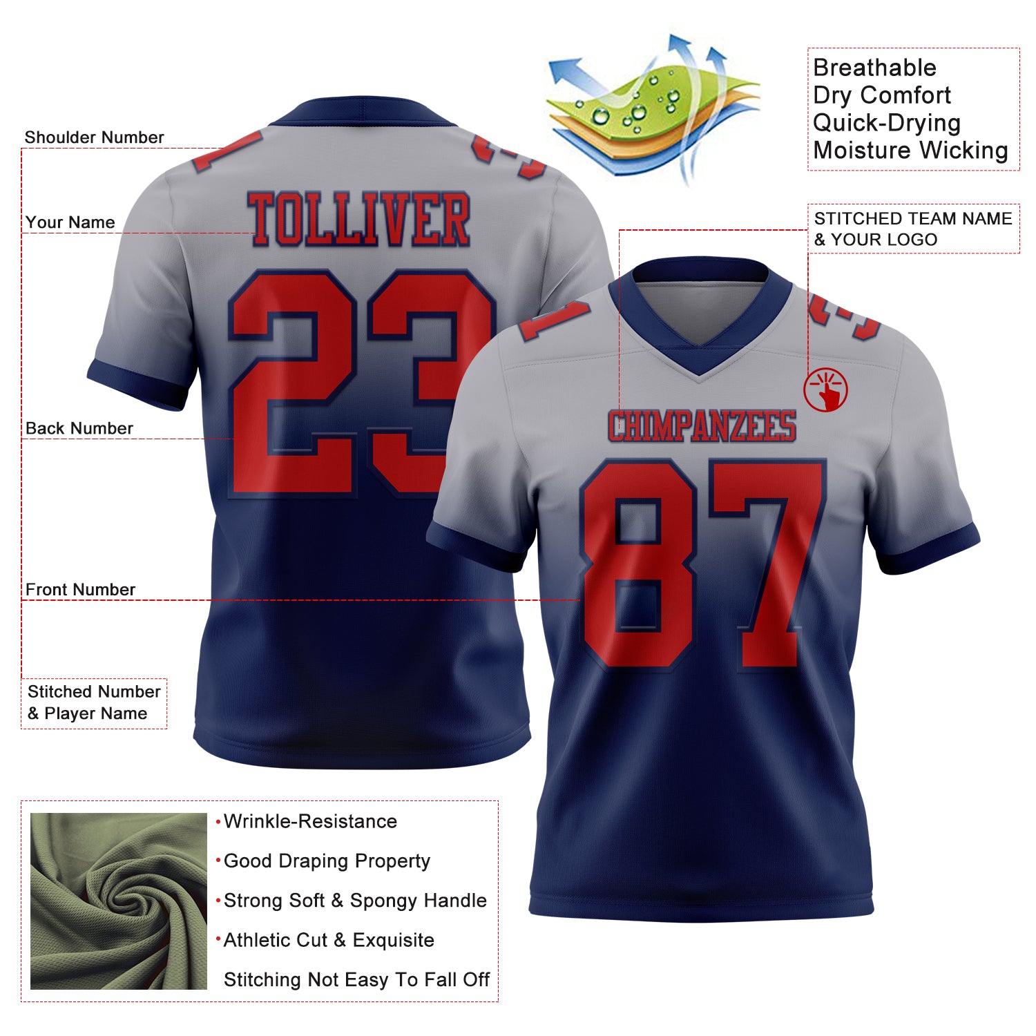 Custom Gray Red-Navy Authentic Fade Fashion Football Jersey