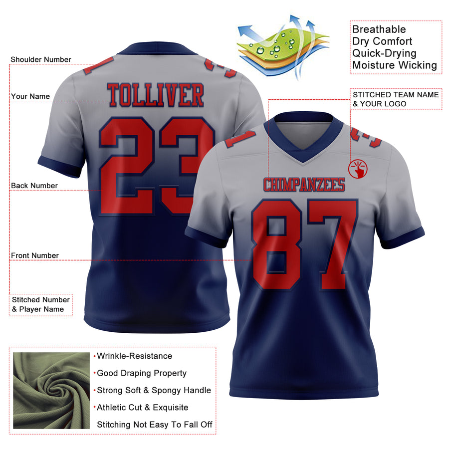 Custom Gray Red-Navy Authentic Fade Fashion Football Jersey