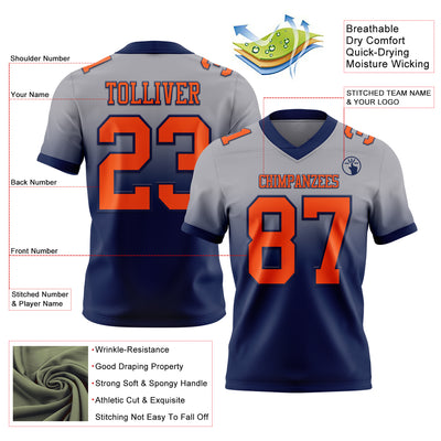 Custom Gray Orange-Navy Authentic Fade Fashion Football Jersey
