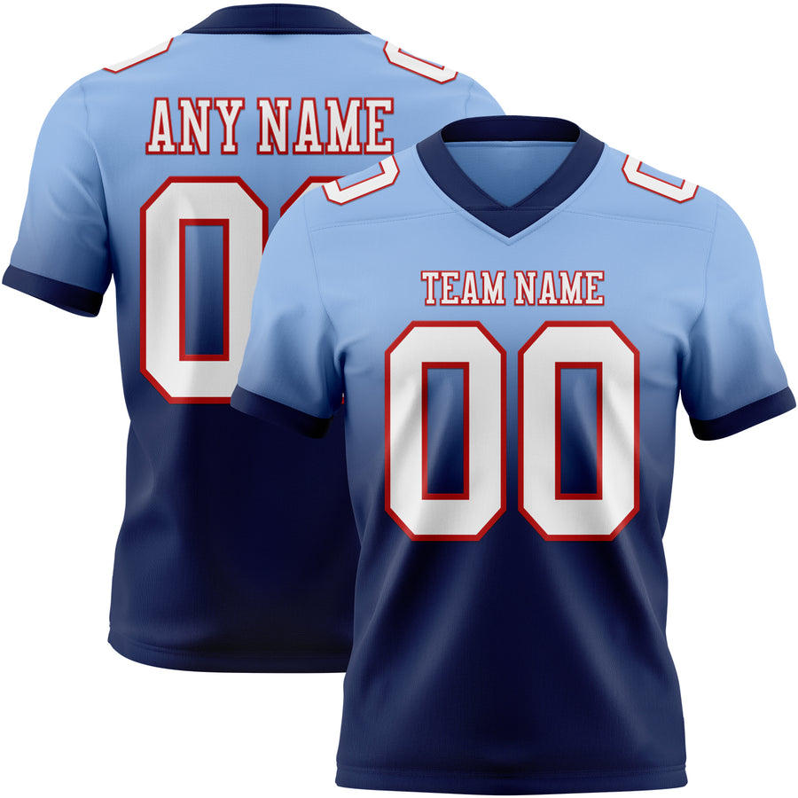Custom Light Blue White Navy-Red Authentic Fade Fashion Football Jersey