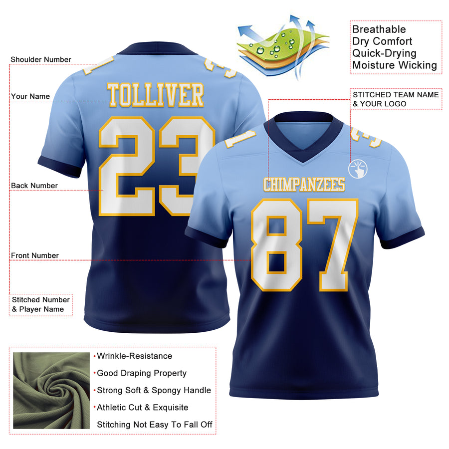 Custom Light Blue White Navy-Gold Authentic Fade Fashion Football Jersey