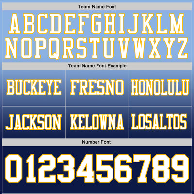 Custom Light Blue White Navy-Gold Authentic Fade Fashion Football Jersey