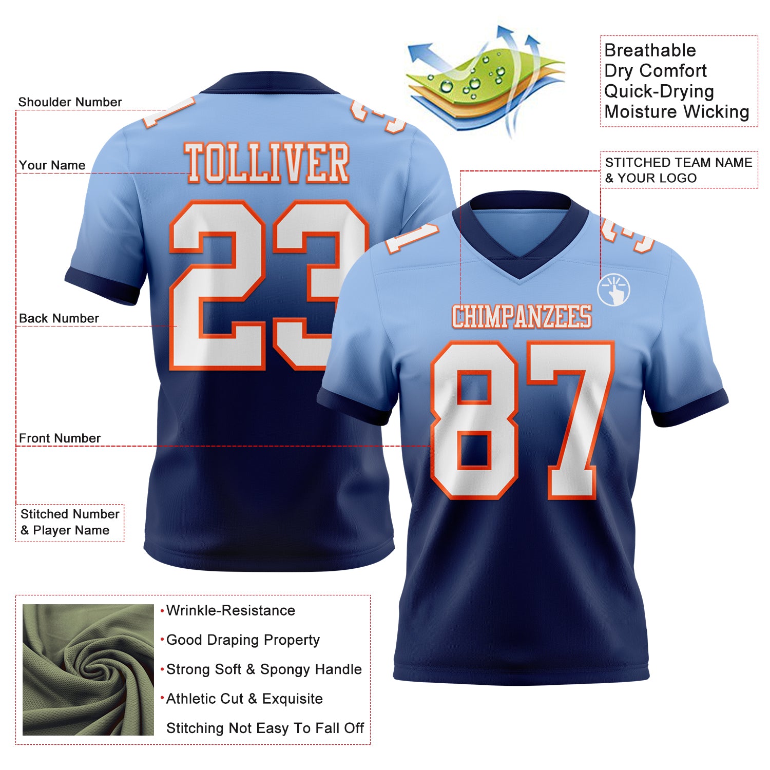 Custom Light Blue White Navy-Orange Authentic Fade Fashion Football Jersey