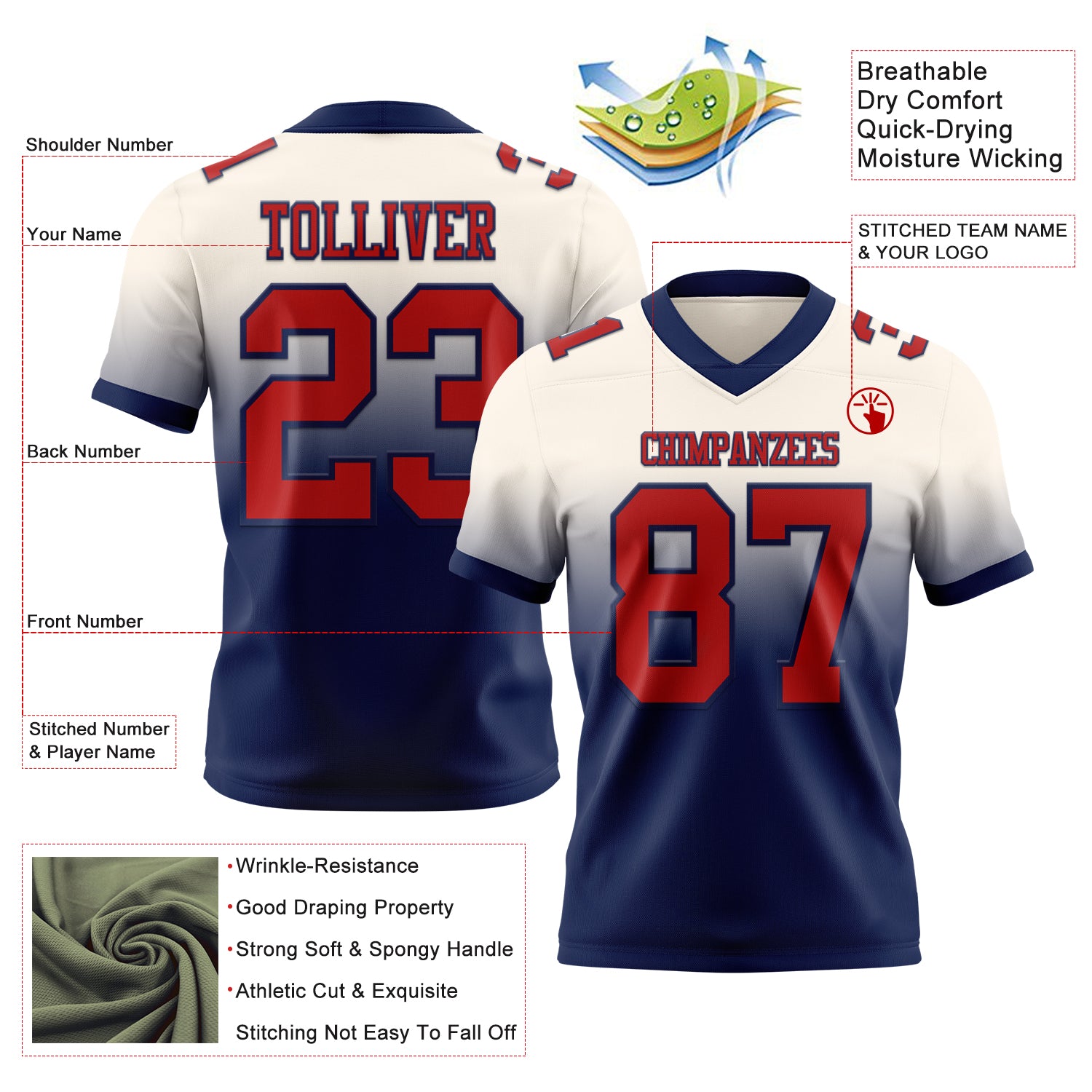 Custom Cream Red-Navy Authentic Fade Fashion Football Jersey