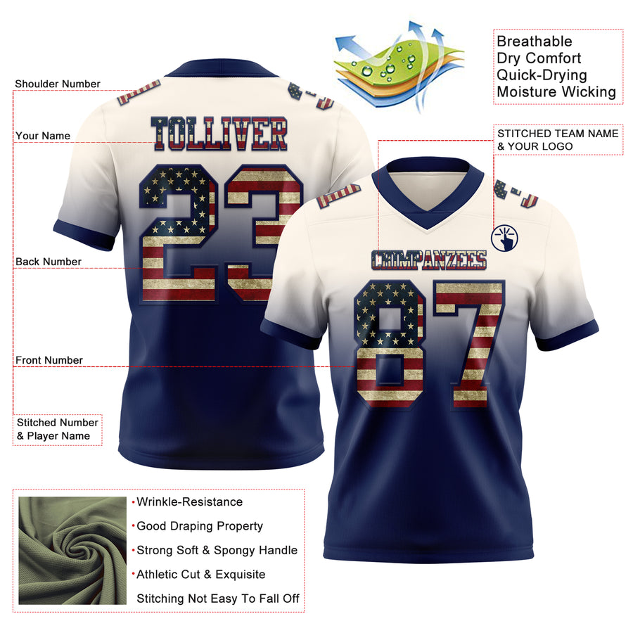 Custom Cream Vintage USA Flag-Navy Authentic Fade Fashion Football Jersey