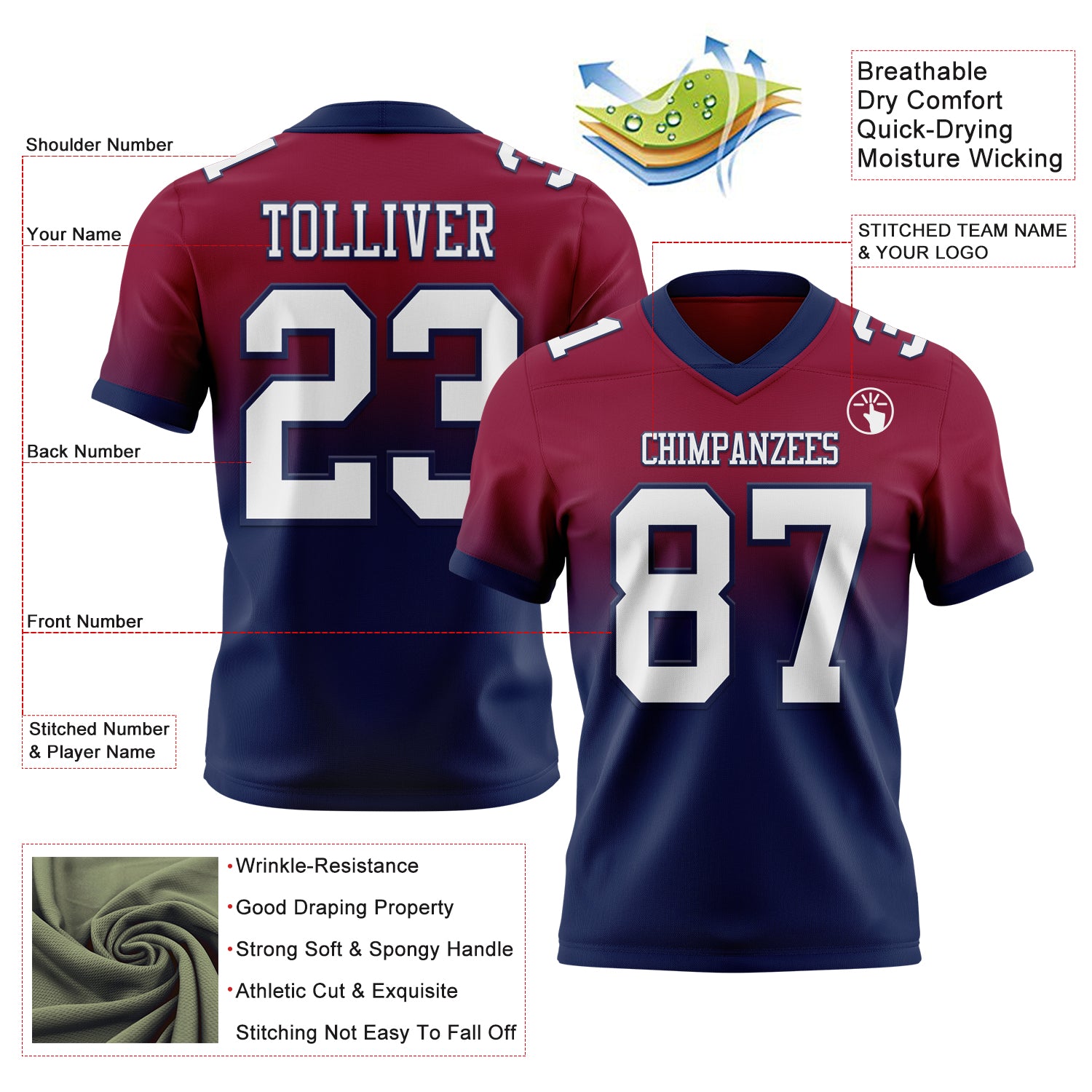 Custom Maroon White-Navy Authentic Fade Fashion Football Jersey