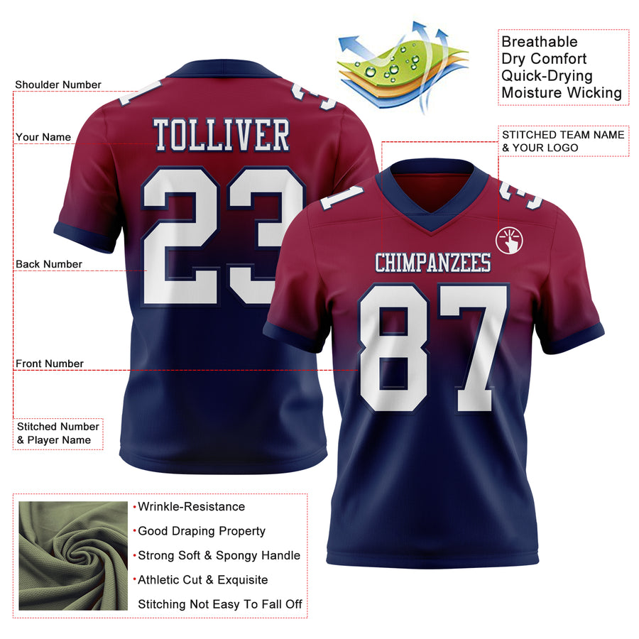 Custom Maroon White-Navy Authentic Fade Fashion Football Jersey