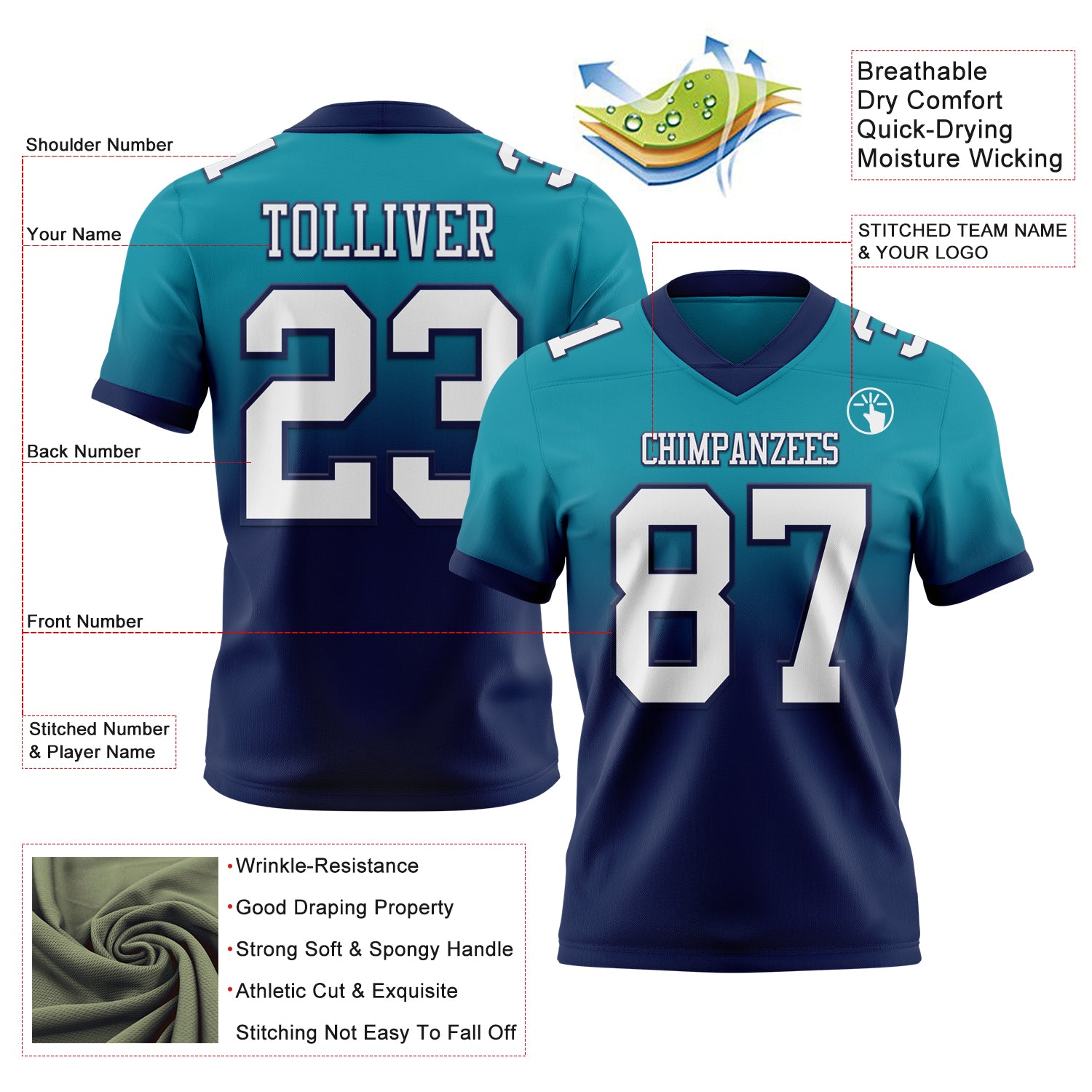 Custom Teal White-Navy Authentic Fade Fashion Football Jersey