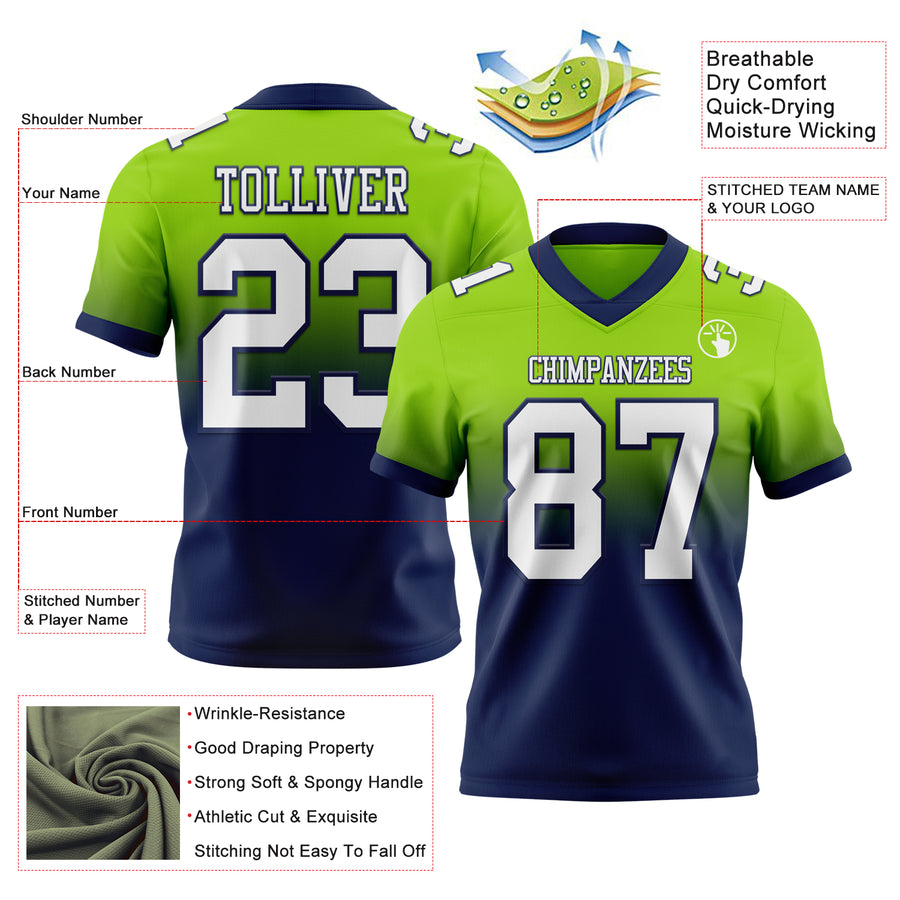 Custom Neon Green White-Navy Authentic Fade Fashion Football Jersey
