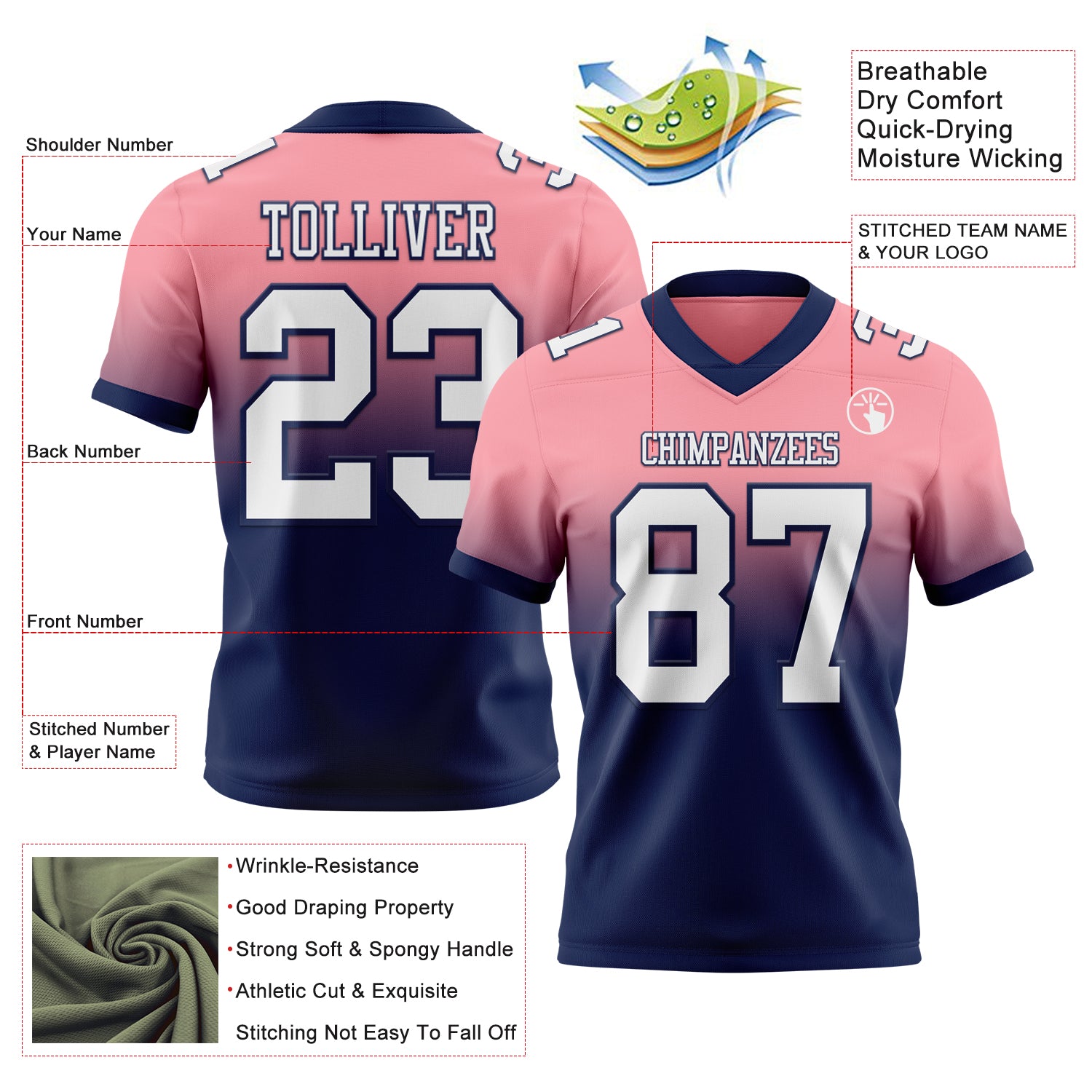 Custom Medium Pink White-Navy Authentic Fade Fashion Football Jersey