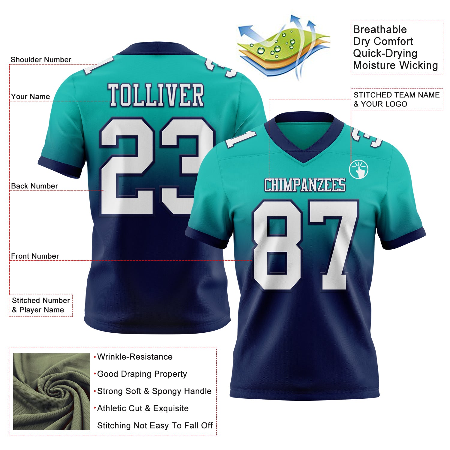 Custom Aqua White-Navy Authentic Fade Fashion Football Jersey