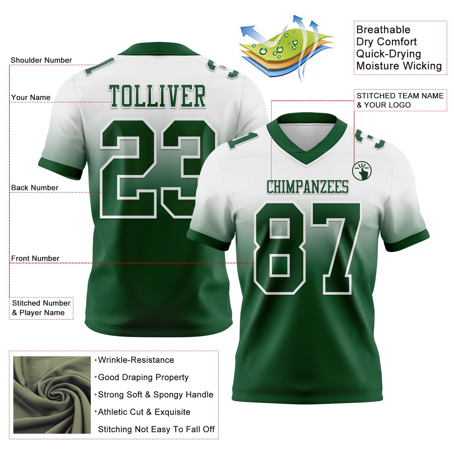 Custom White Green Authentic Fade Fashion Football Jersey