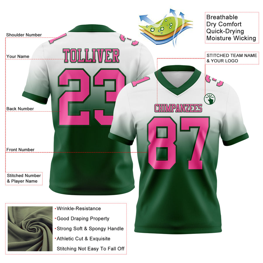 Custom White Pink-Green Authentic Fade Fashion Football Jersey