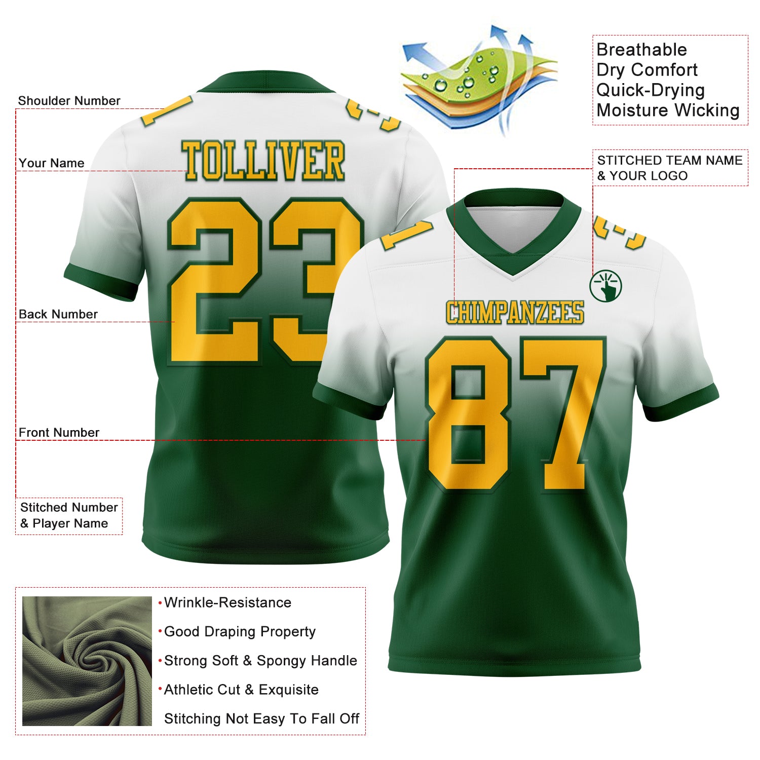 Custom White Gold-Green Authentic Fade Fashion Football Jersey
