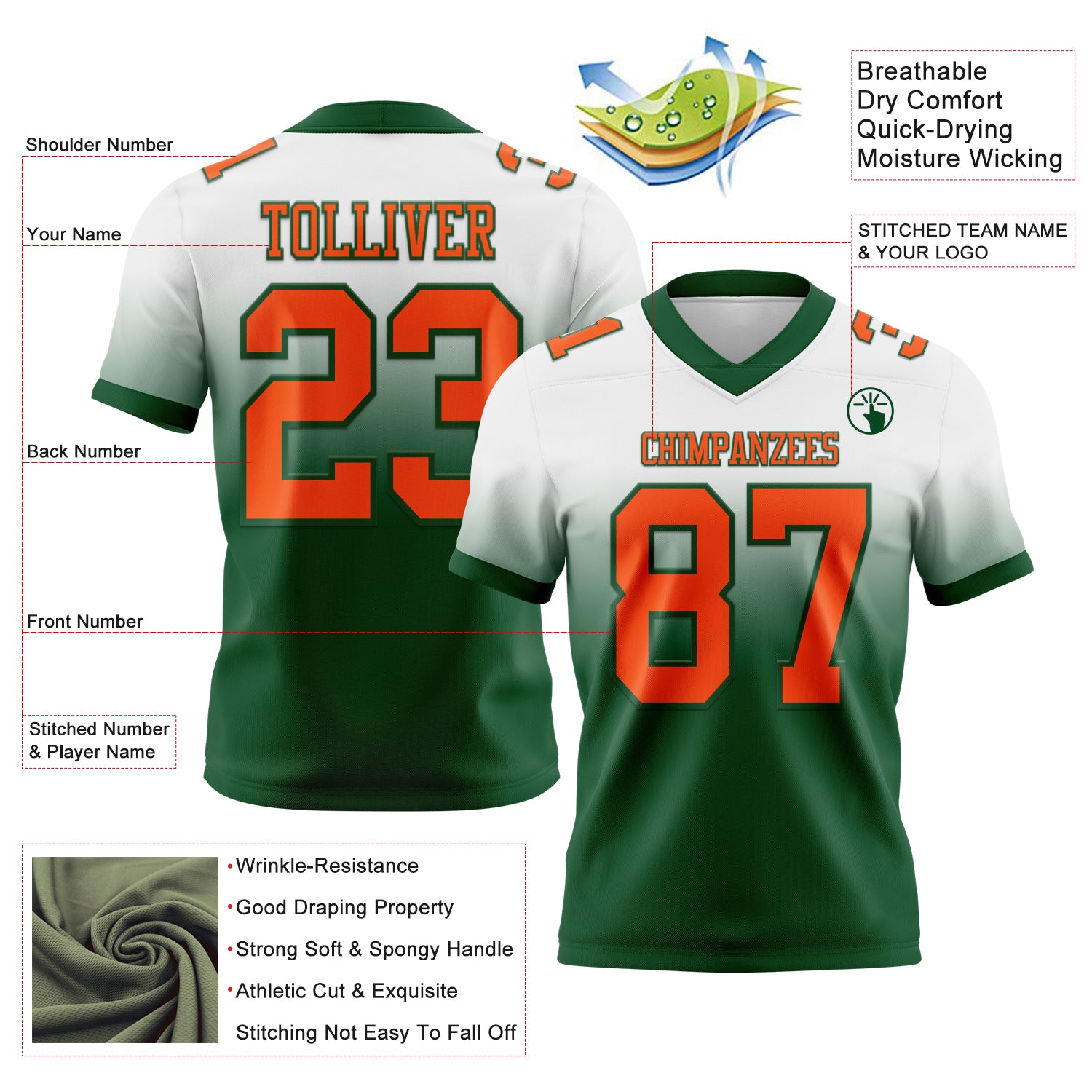 Custom White Orange-Green Authentic Fade Fashion Football Jersey