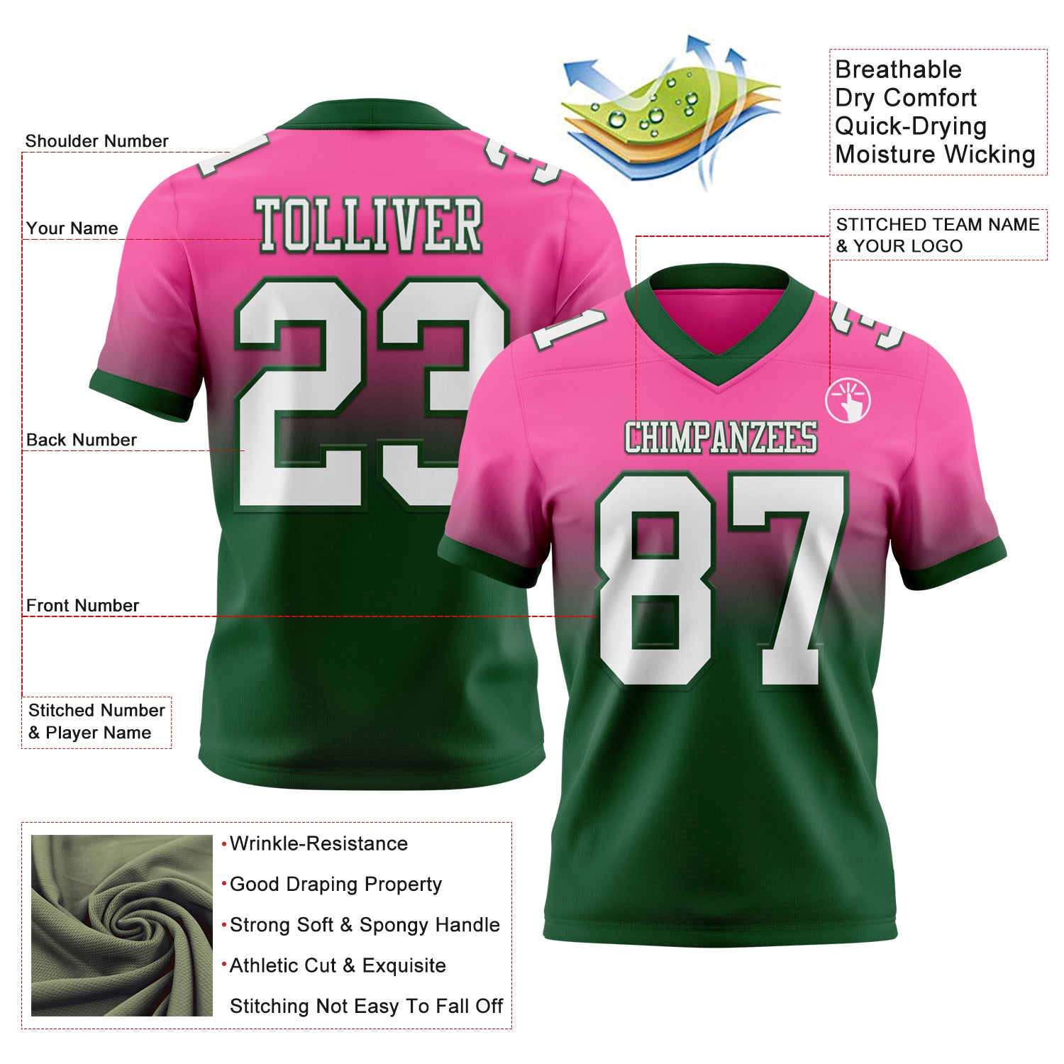 Custom Pink White-Green Authentic Fade Fashion Football Jersey