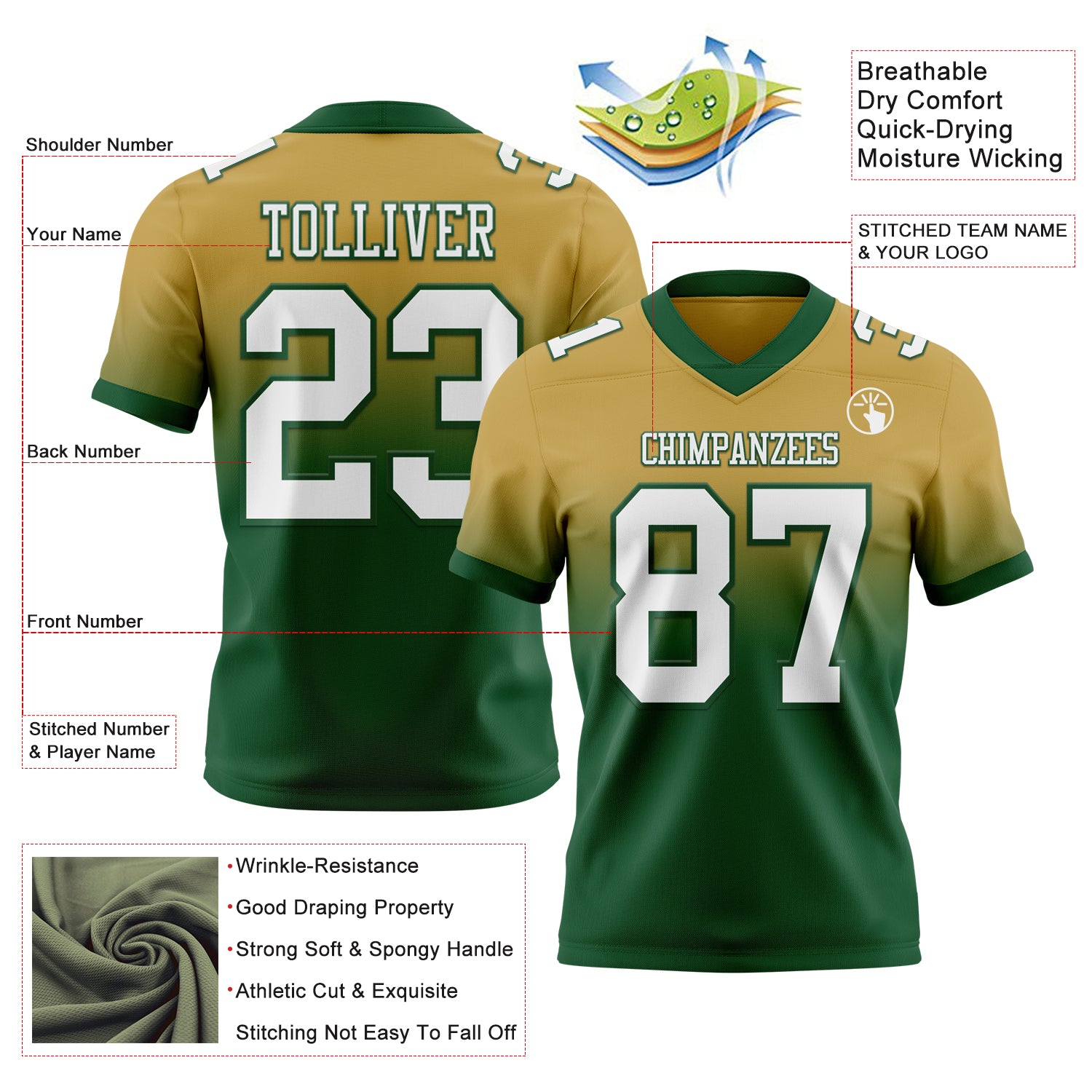 Custom Old Gold White-Green Authentic Fade Fashion Football Jersey