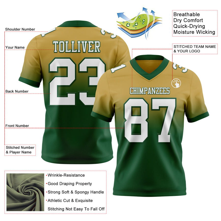 Custom Old Gold White-Green Authentic Fade Fashion Football Jersey