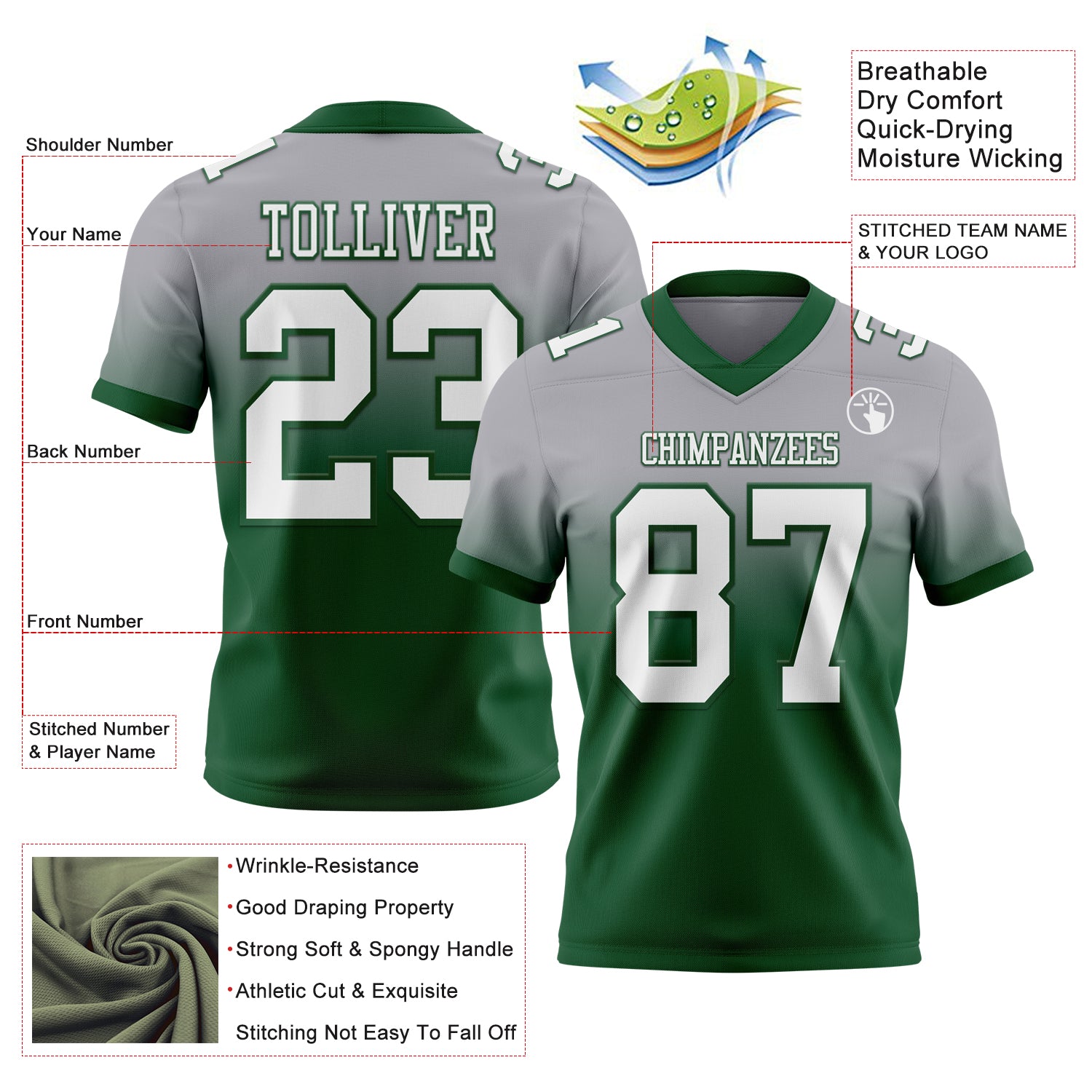 Custom Gray White-Green Authentic Fade Fashion Football Jersey