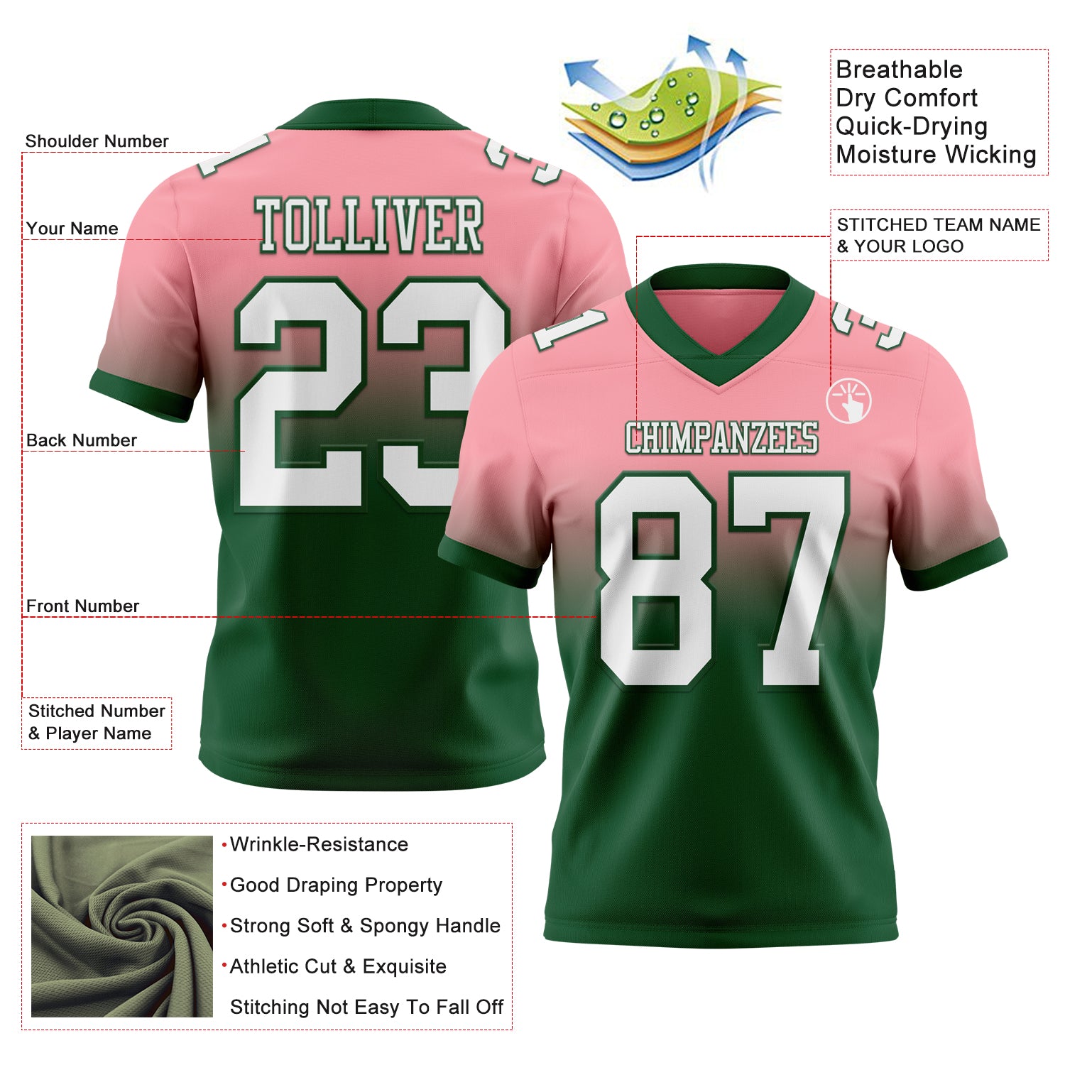 Custom Medium Pink White-Green Authentic Fade Fashion Football Jersey
