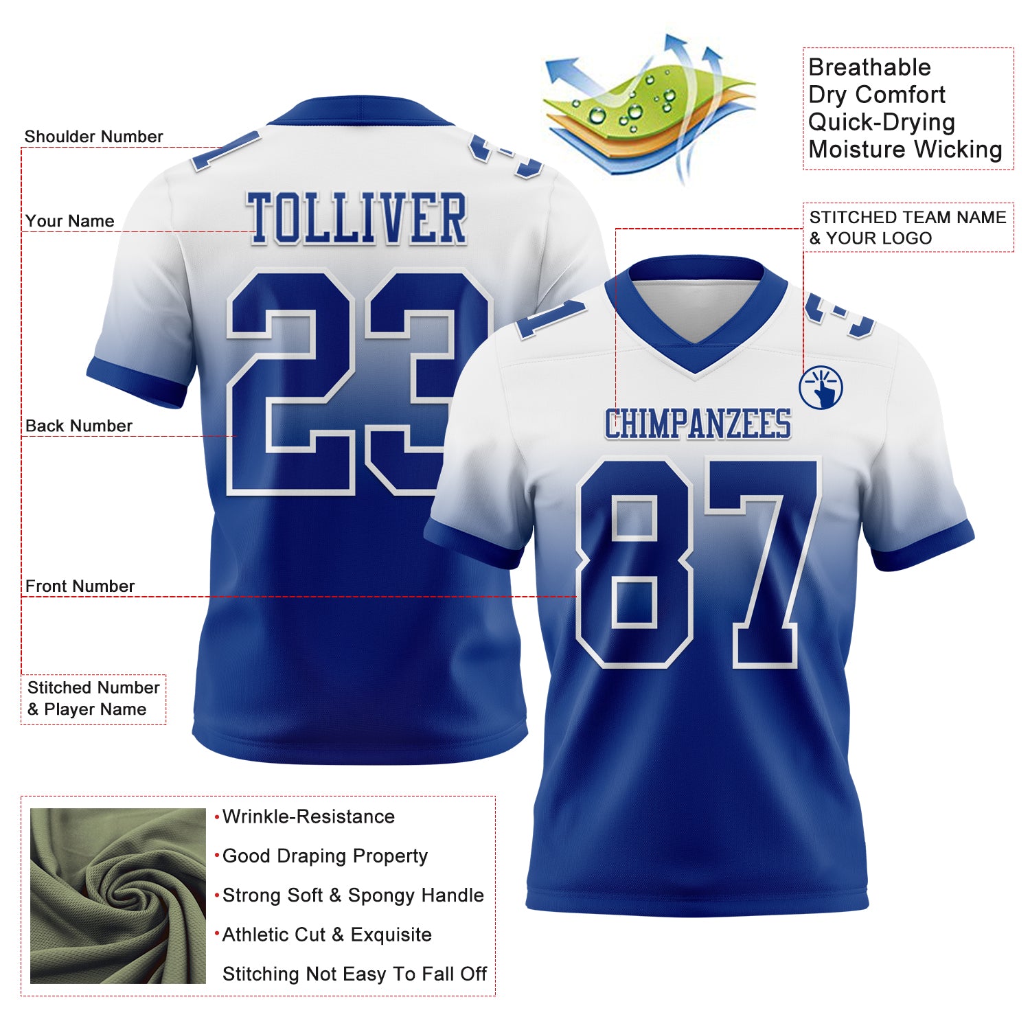 Custom White Royal Authentic Fade Fashion Football Jersey