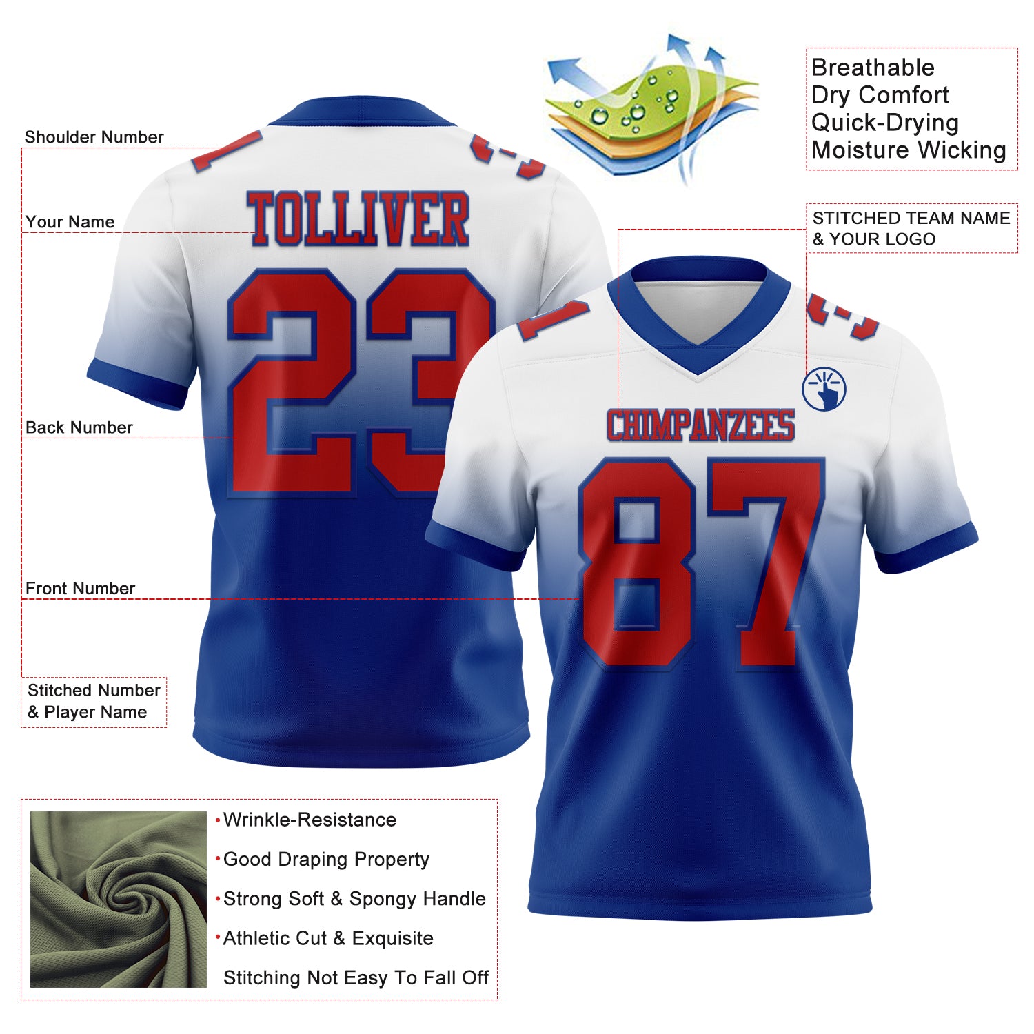 Custom White Red-Royal Authentic Fade Fashion Football Jersey