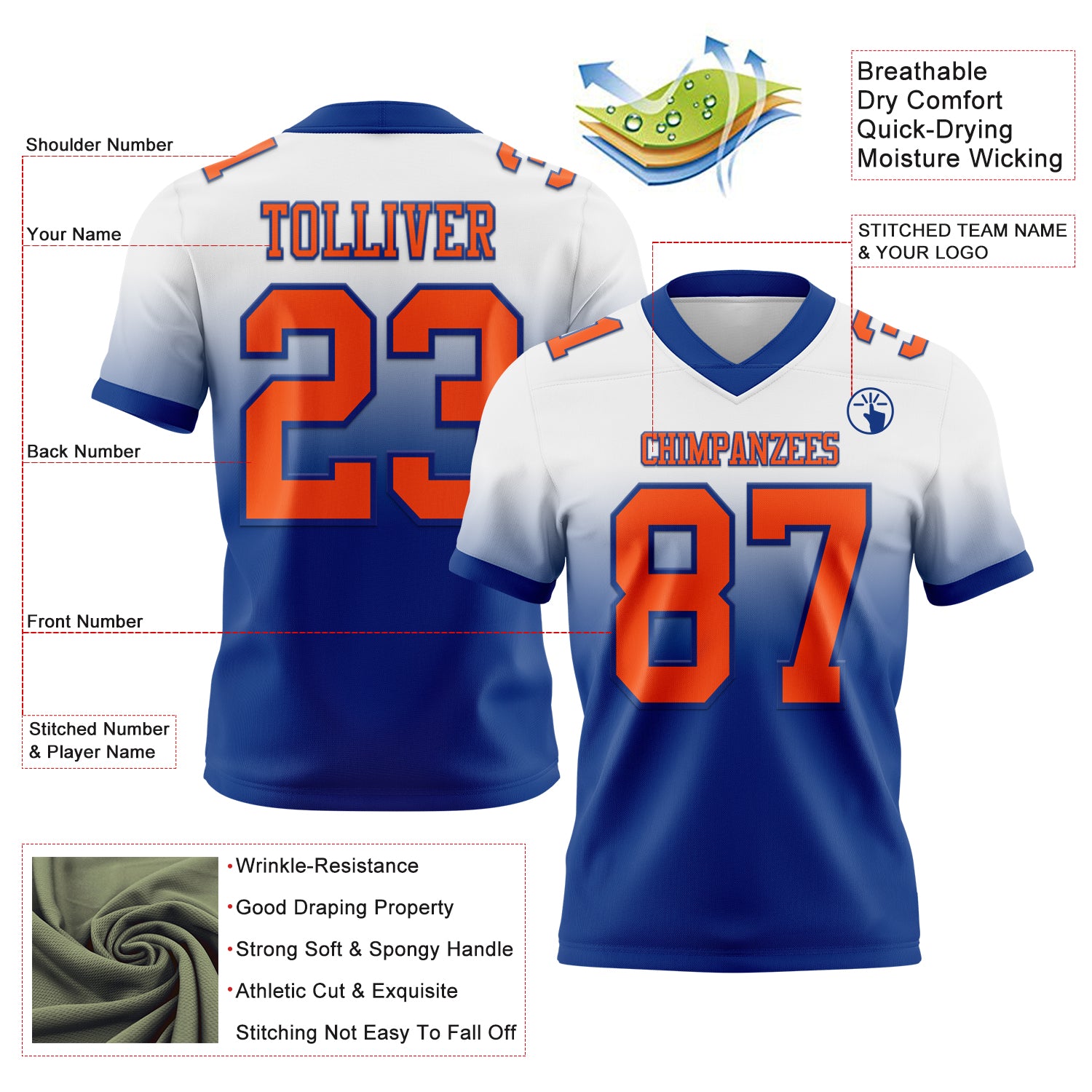 Custom White Orange-Royal Authentic Fade Fashion Football Jersey