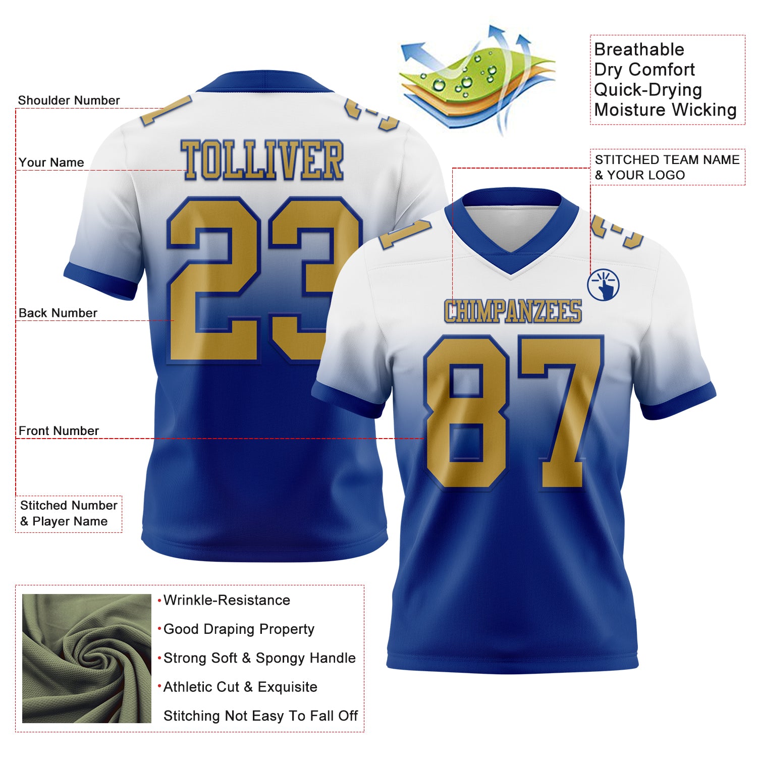Custom White Old Gold-Royal Authentic Fade Fashion Football Jersey