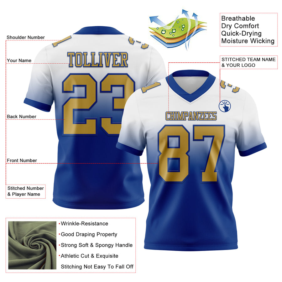 Custom White Old Gold-Royal Authentic Fade Fashion Football Jersey