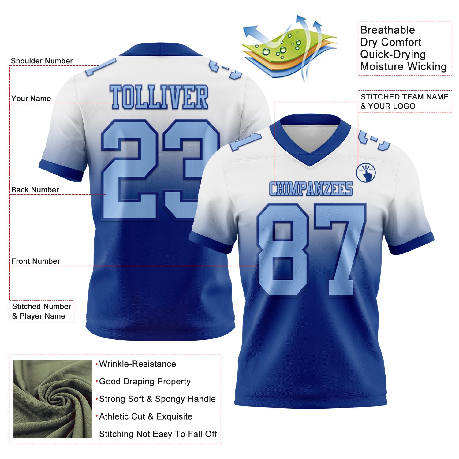 Custom White Light Blue-Royal Authentic Fade Fashion Football Jersey