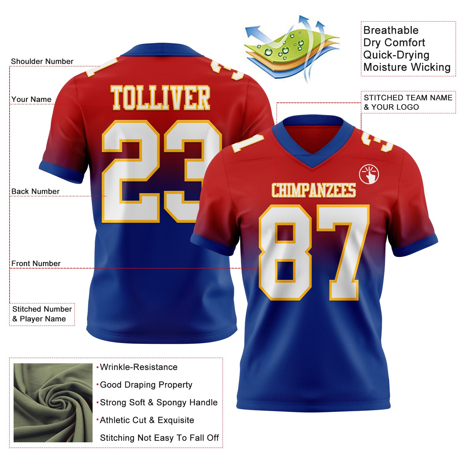Custom Red White Royal-Gold Authentic Fade Fashion Football Jersey