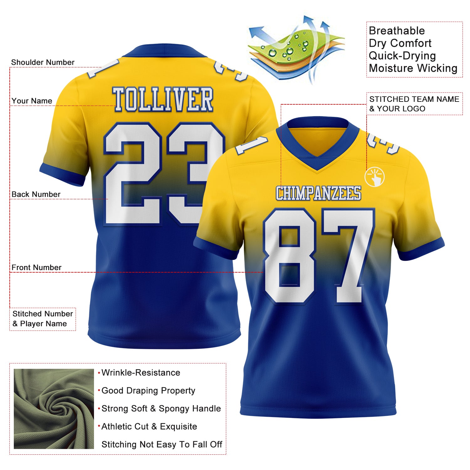 Custom Yellow White-Royal Authentic Fade Fashion Football Jersey