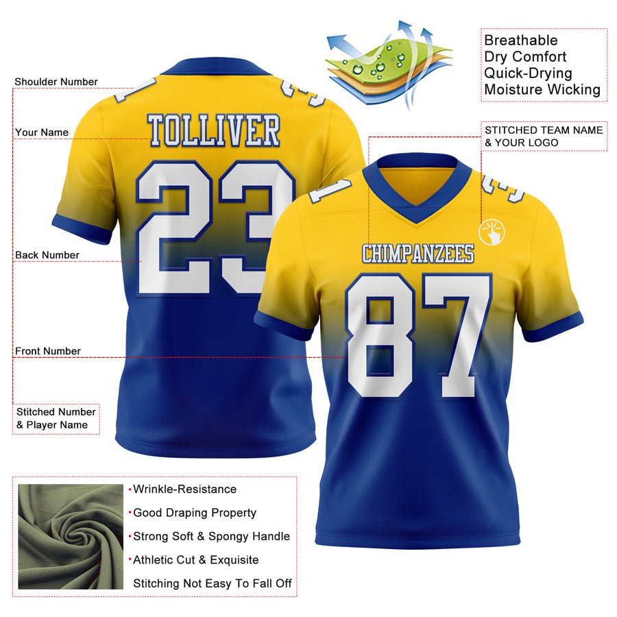 Custom Yellow White-Royal Authentic Fade Fashion Football Jersey