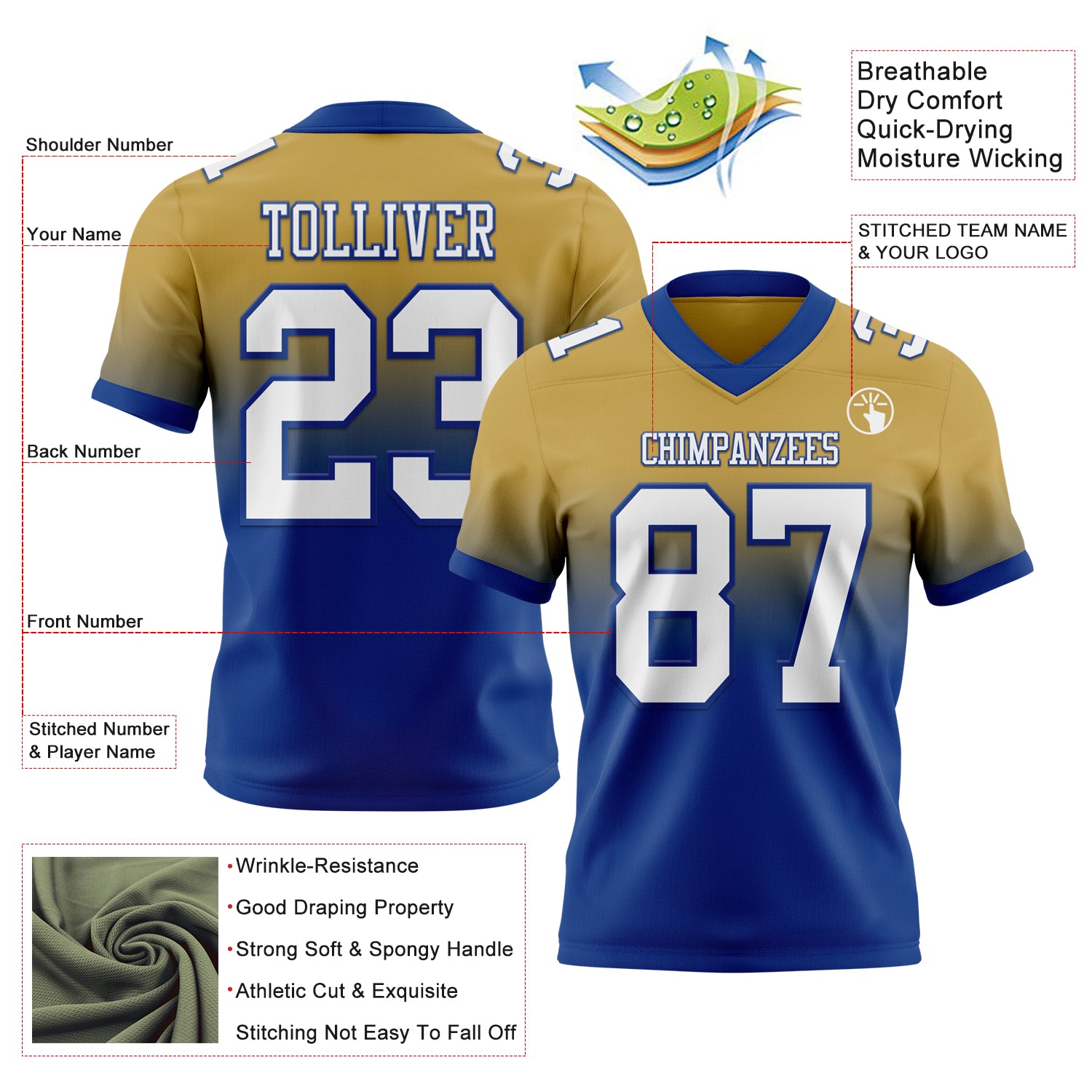 Custom Old Gold White-Royal Authentic Fade Fashion Football Jersey