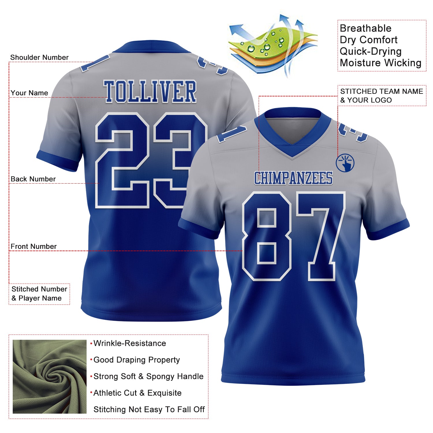 Custom Gray Royal-White Authentic Fade Fashion Football Jersey