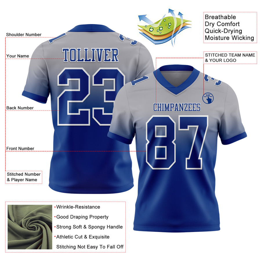 Custom Gray Royal-White Authentic Fade Fashion Football Jersey